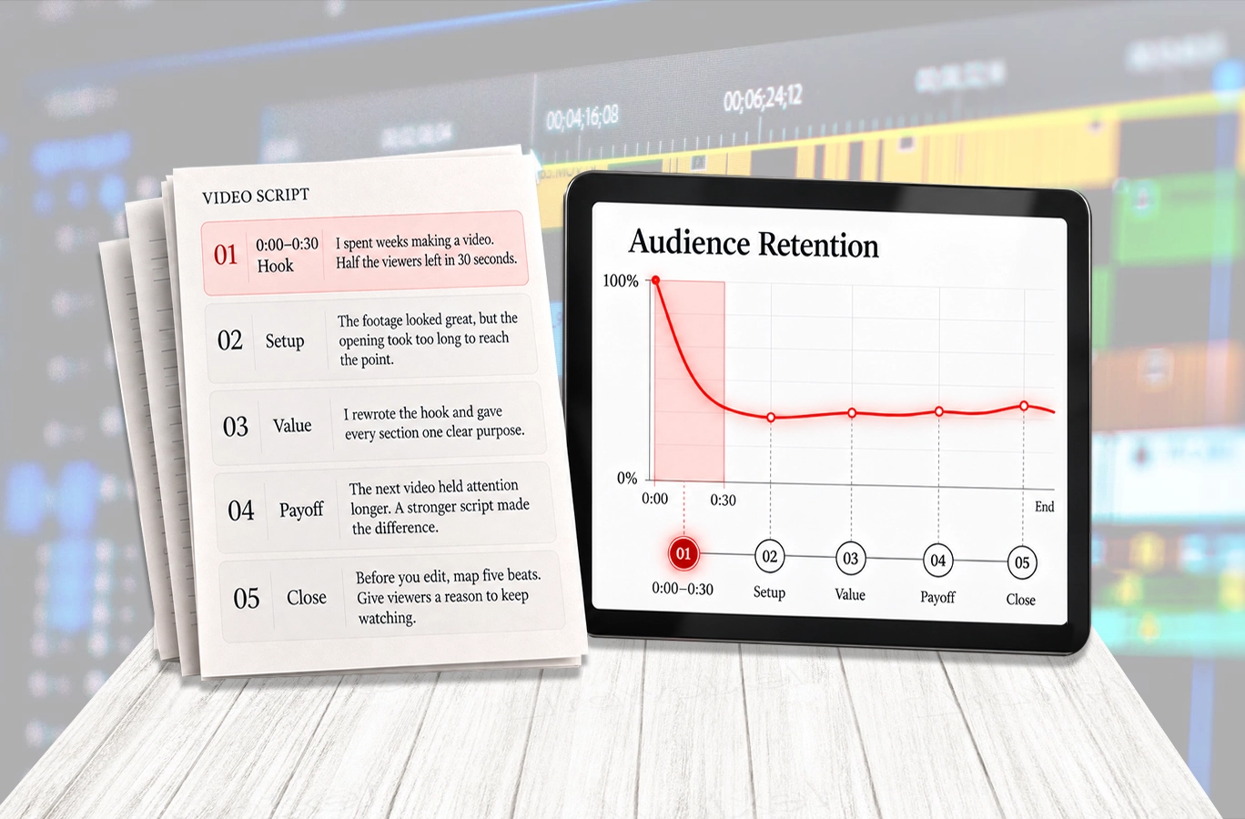 A YouTube video script being structured for audience retention
